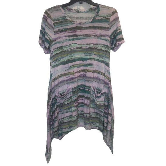 LOGO Lori Goldstein Short Sleeve Knit Pullover Handkerchief Hem Tunic Top Sz XS - Picture 1 of 7